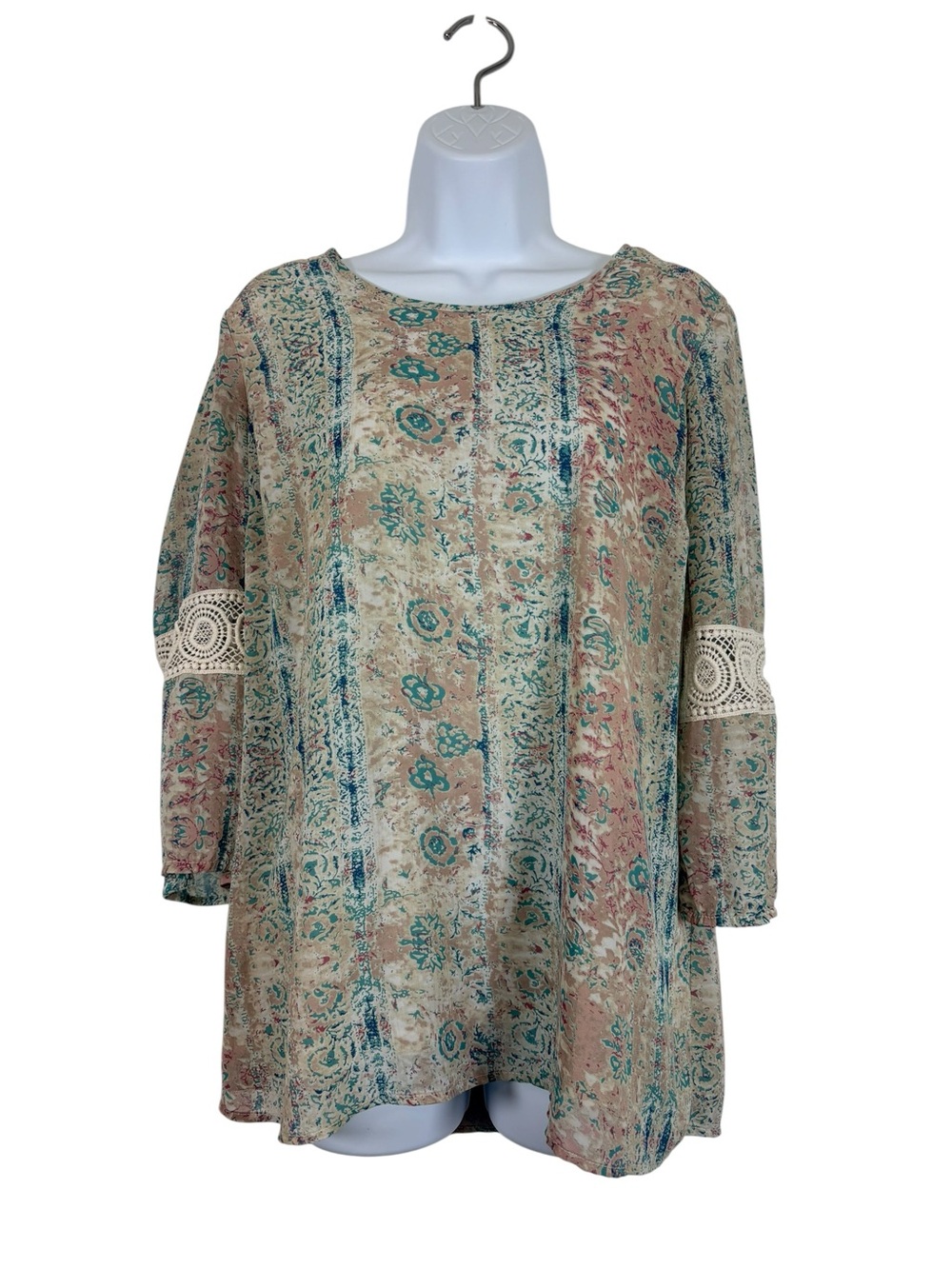 Krazy Kat Boho Tunic Top Women’s Medium Beige Floral Crochet Sleeve Blouse